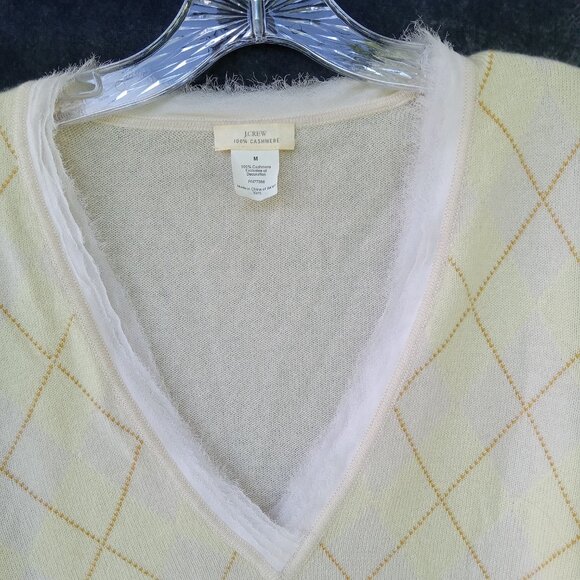J CREW Sweater Womens 100% Cashmere Argyle Raw Edge Chiffon Trim Y2K Luxury Sz M - Picture 2 of 6